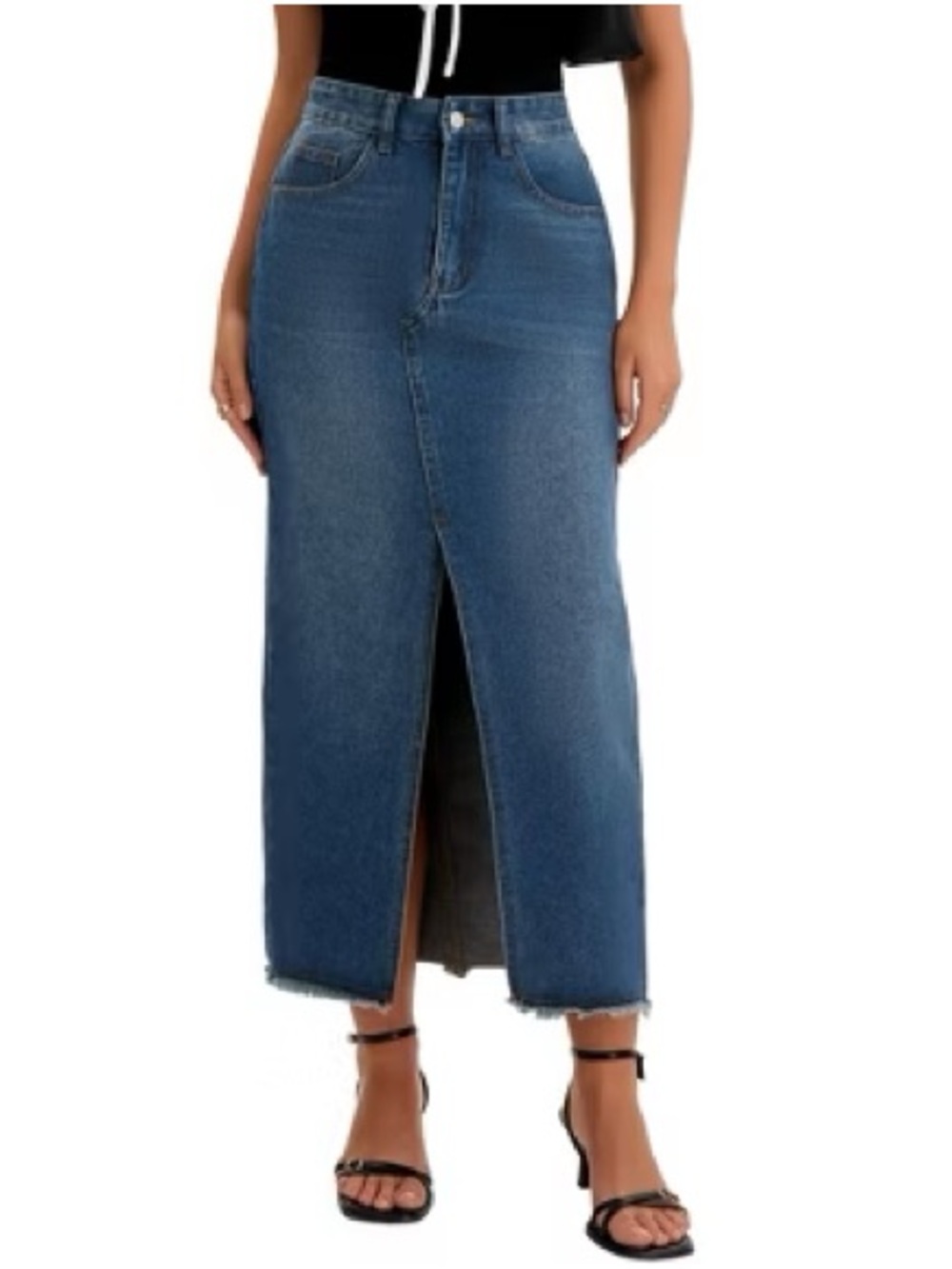 High-Rise Blue Denim Maxi Skirt with Front Slit